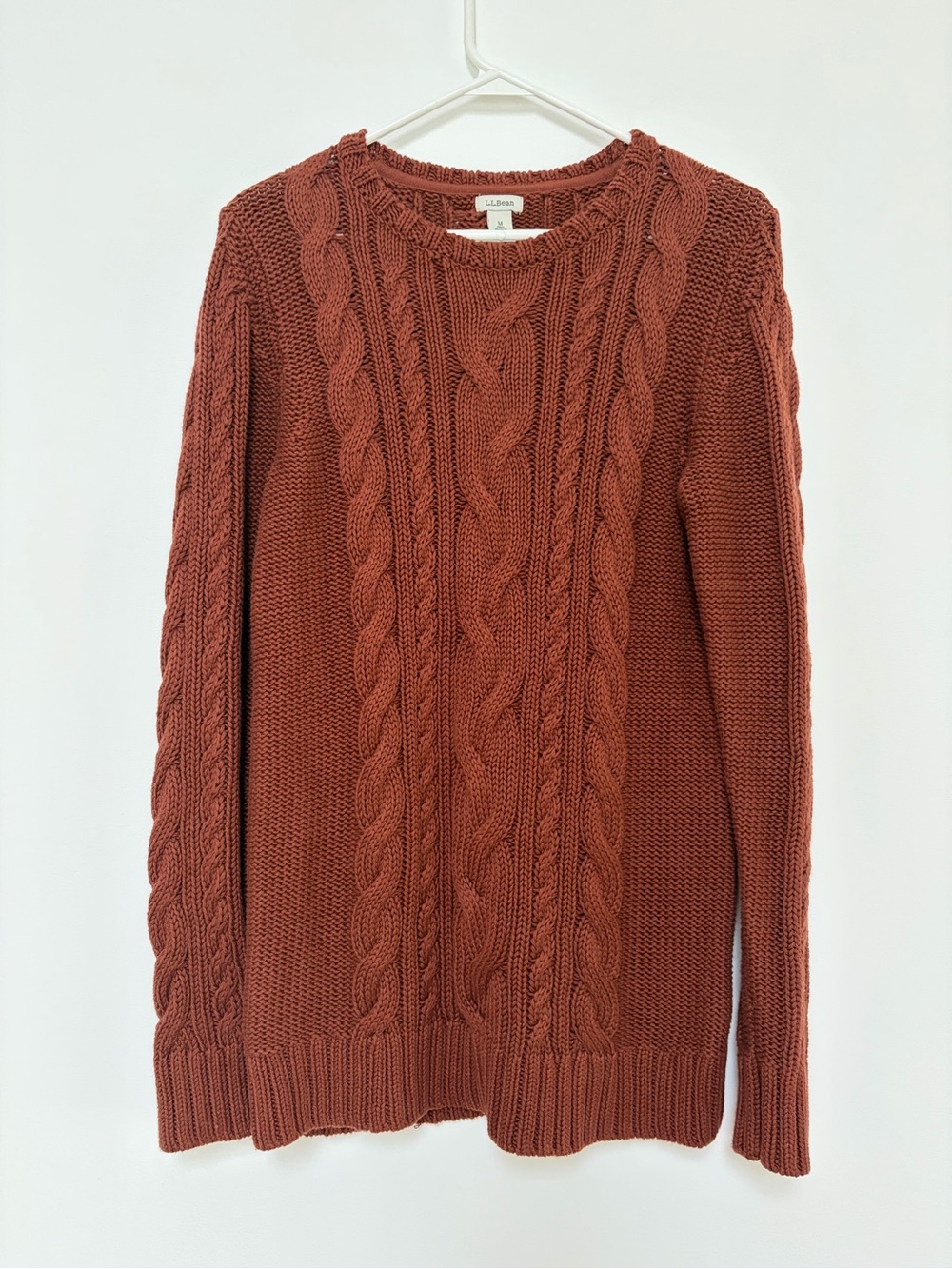 L.L. Bean Cableknit Cotton Sweater Size Medium Tall Rust Brown